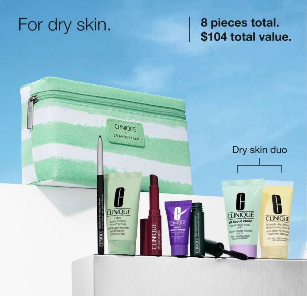 Clinique x Drawbertson 8 Pcs Travel Makeup Skincare Samples Gift Set Green Bag